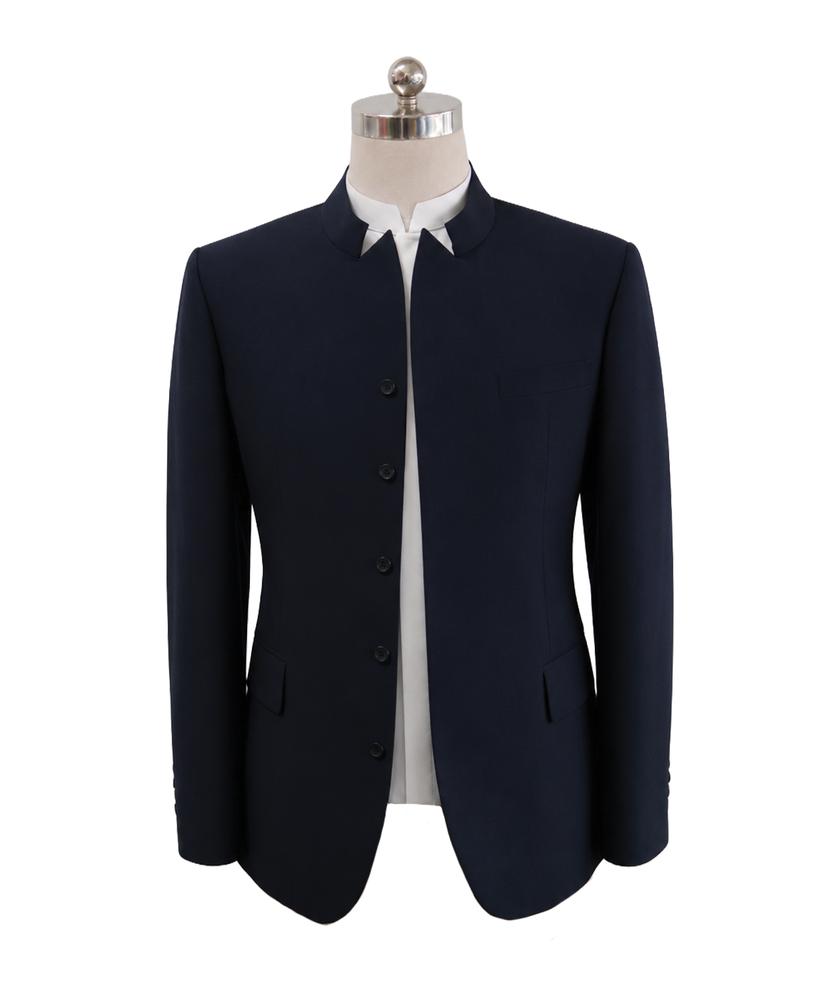 modoleen-navy-mens-high-collar-standing-suit.jpg Men's high-neck standing collar corporate suit jacket in dark navy blue featuring a five-button front closure, side flap pockets, and single chest welt pocket, styled over a white mandarin collar shirt, designed by Modoleen Singapore for hotel leadership and executive uniform programs.