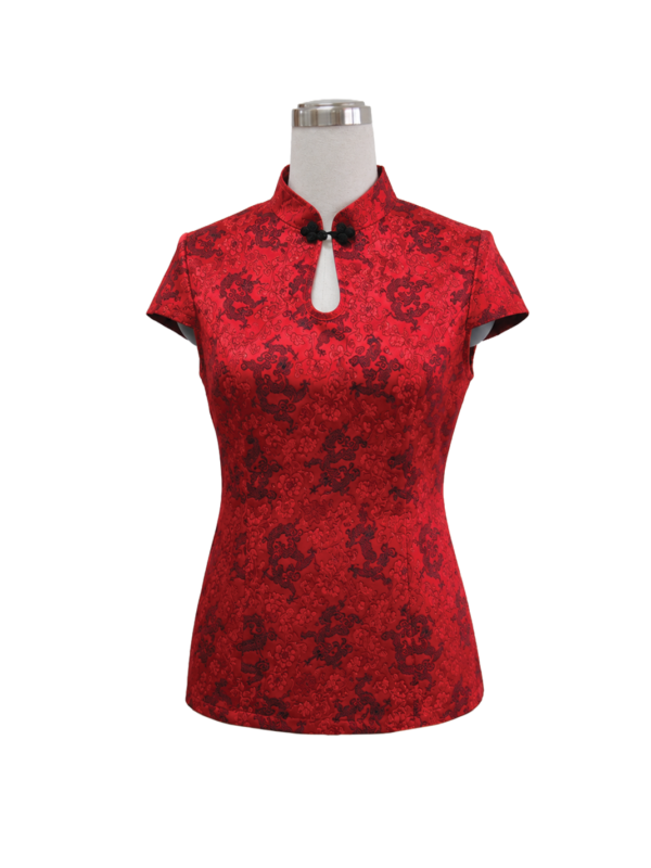 Women's short-sleeve red cheongsam corporate uniform top featuring a traditional dragon brocade jacquard pattern, keyhole chest cutout, and black frog knot closure, designed by Modoleen Singapore for festive dining and luxury hospitality staff.