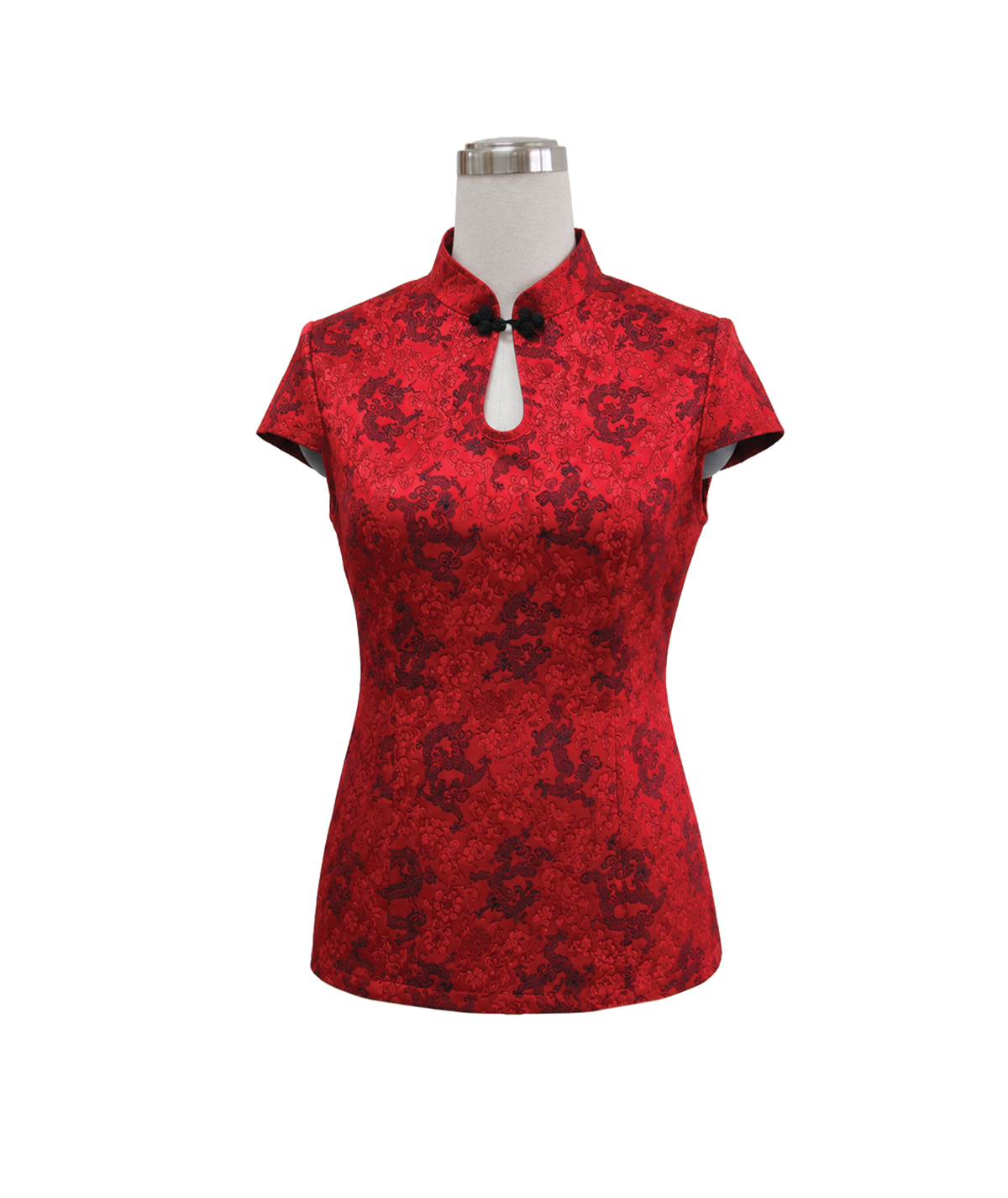 modoleen-red-cheongsam-chinese-style-corporate-uniform-top.jpg Women's short-sleeve red cheongsam corporate uniform top featuring a traditional dragon brocade jacquard pattern, keyhole chest cutout, and black frog knot closure, designed by Modoleen Singapore for festive dining and luxury hospitality staff.