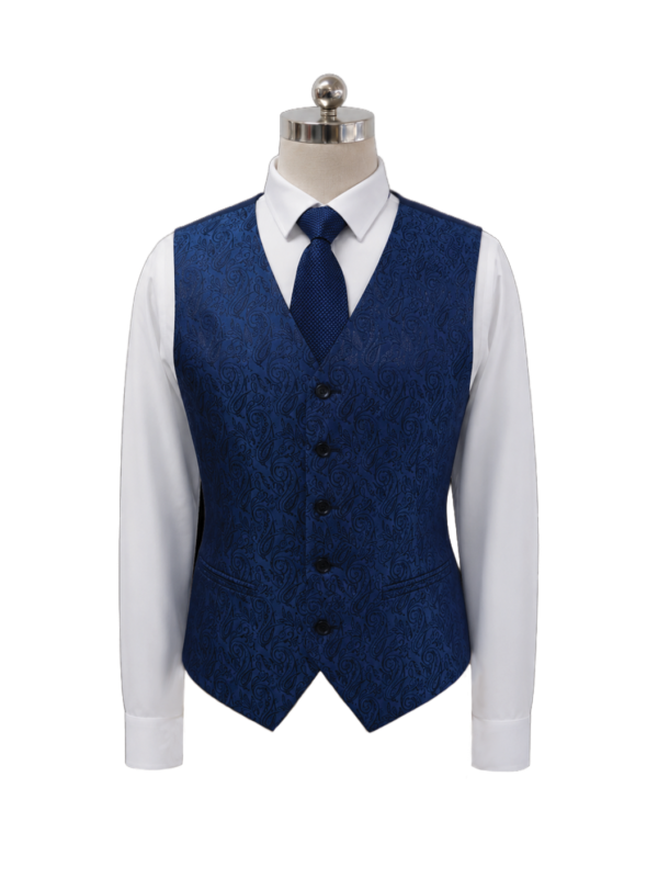 Men's royal blue paisley jacquard corporate suit waistcoat featuring five button closures, lower welt pockets, and a matching royal blue woven necktie, styled over a crisp white shirt, designed by Modoleen Singapore for executive leadership and hospitality uniform programs.
