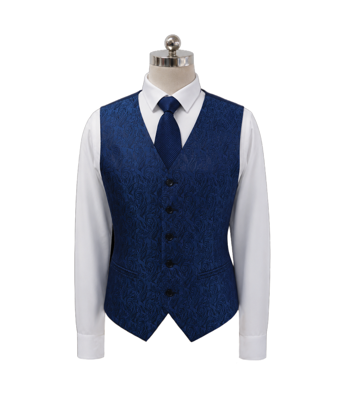 modoleen-royal-blue-jacquard-paisley-mens-vest.jpg Men's royal blue paisley jacquard corporate suit waistcoat featuring five button closures, lower welt pockets, and a matching royal blue woven necktie, styled over a crisp white shirt, designed by Modoleen Singapore for executive leadership and hospitality uniform programs.