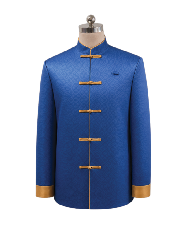 Men's royal blue oriental Tang suit corporate jacket featuring a textured geometric pattern, traditional gold frog button closures, standing mandarin collar, and gold cuff trims, designed by Modoleen Singapore for festive dining and luxury hospitality uniform programs.