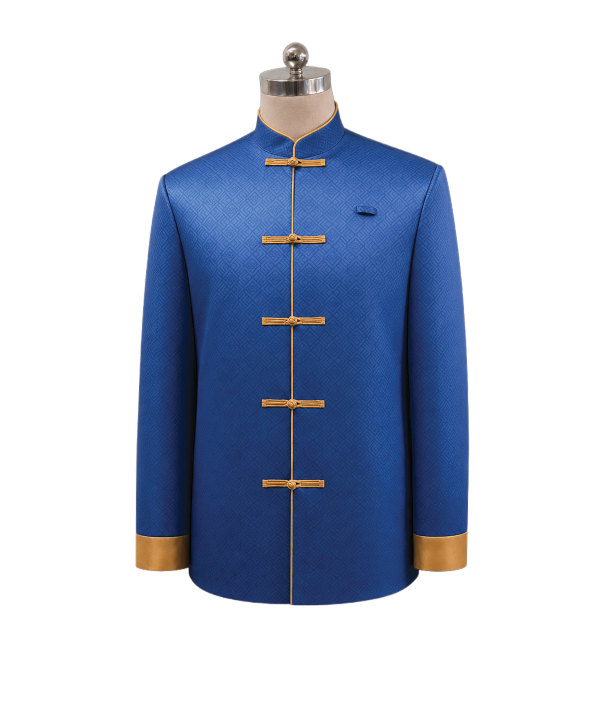 modoleen-royal-blue-mandarin-collar-tang-suit.jpg Men's royal blue oriental Tang suit corporate jacket featuring a textured geometric pattern, traditional gold frog button closures, standing mandarin collar, and gold cuff trims, designed by Modoleen Singapore for festive dining and luxury hospitality uniform programs.