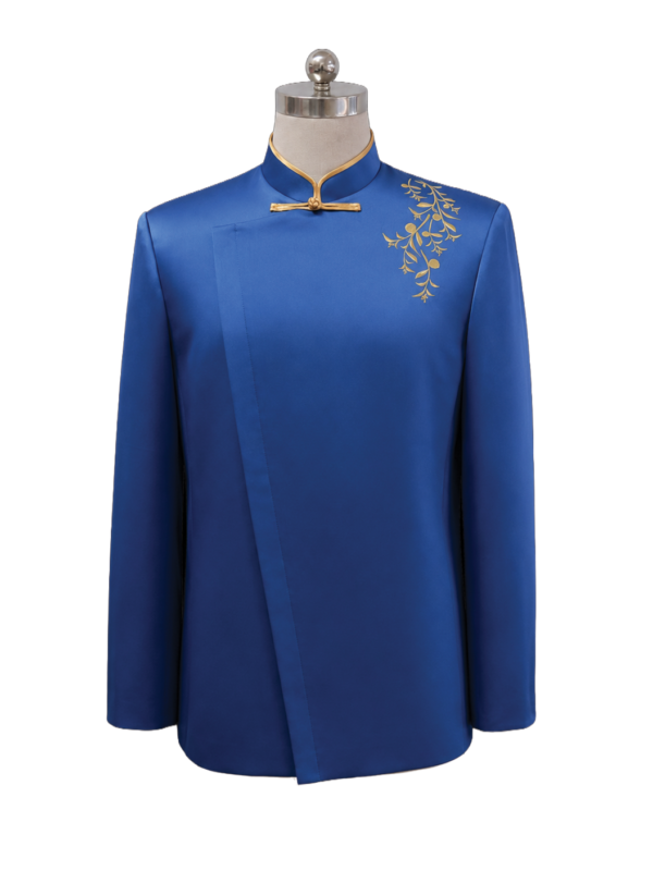 Men's royal blue oriental pao jacket with gold floral branch embroidery, gold mandarin collar piping, and traditional gold frog knot closure, designed by Modoleen Singapore for luxury Chinese dining staff.