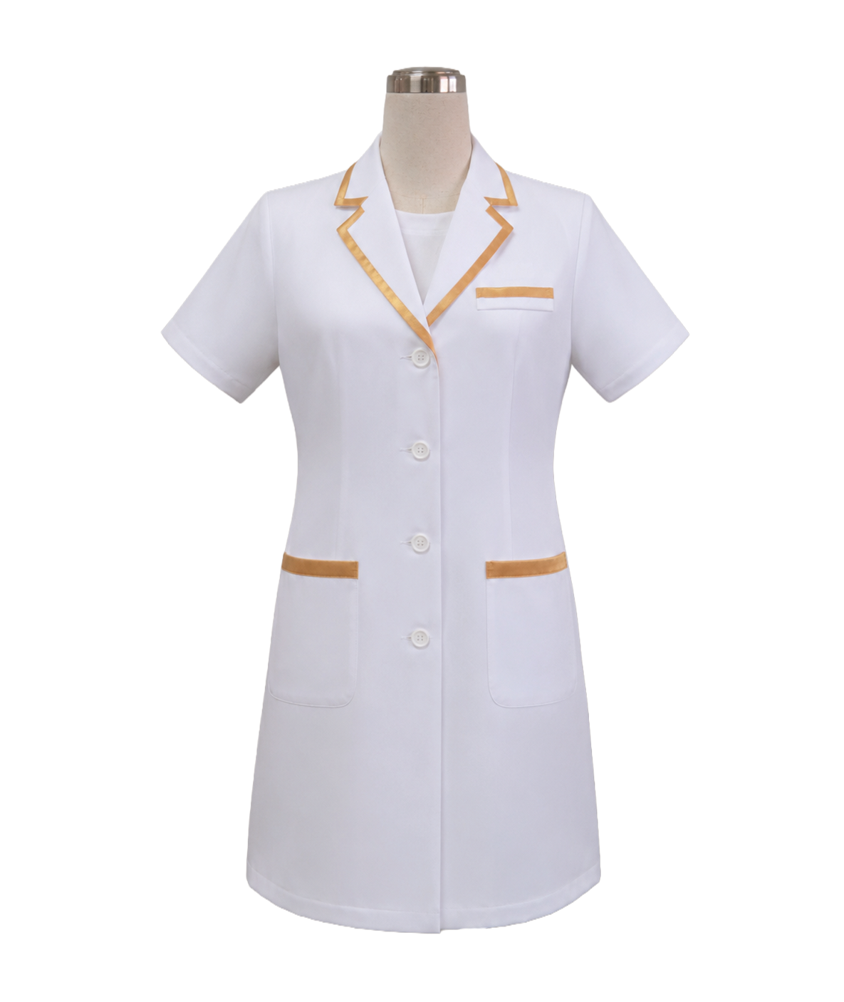 modoleen-short-sleeve-lab-coat-gold-trim.jpg Women's short-sleeve white medical lab coat featuring a notched lapel collar, gold piping trim, and front patch pockets, designed by Modoleen Singapore with custom color, fabric, and print options for healthcare, clinic, and wellness corporate branding.