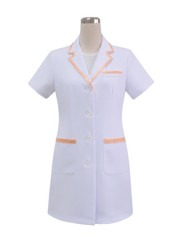 Women's short-sleeve white medical tunic coat featuring a notched lapel collar, peach orange piping trim, and front patch pockets, designed by Modoleen Singapore with custom color, fabric, and print options for healthcare, clinic, and wellness corporate branding.