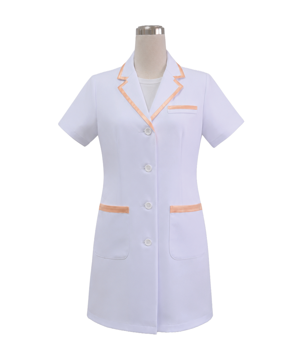 modoleen-short-sleeve-lab-coat-peach-trim.jpg Women's short-sleeve white medical tunic coat featuring a notched lapel collar, peach orange piping trim, and front patch pockets, designed by Modoleen Singapore with custom color, fabric, and print options for healthcare, clinic, and wellness corporate branding.