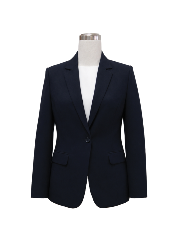Women's 3/4 sleeve corporate tunic top in dark navy blue featuring a flared peplum waistline, high-neck collar with a white and gold chain-patterned bow tie, and matching gold chain print cuff linings, designed by Modoleen Singapore for receptionist, office, and hospitality uniform programs.