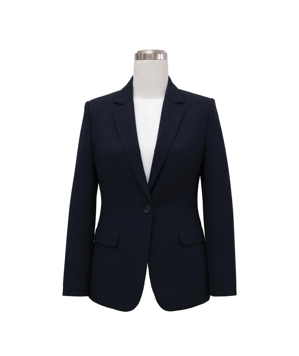 modoleen-single-button-navy-executive-blazer.jpg Women's 3/4 sleeve corporate tunic top in dark navy blue featuring a flared peplum waistline, high-neck collar with a white and gold chain-patterned bow tie, and matching gold chain print cuff linings, designed by Modoleen Singapore for receptionist, office, and hospitality uniform programs.