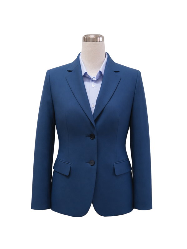 Women's classic two-button corporate suit blazer in medium blue featuring tailored notch lapels and flap waist pockets, styled over a light blue collared shirt, designed by Modoleen Singapore with custom color, fabric, and print options for enterprise uniform programs.