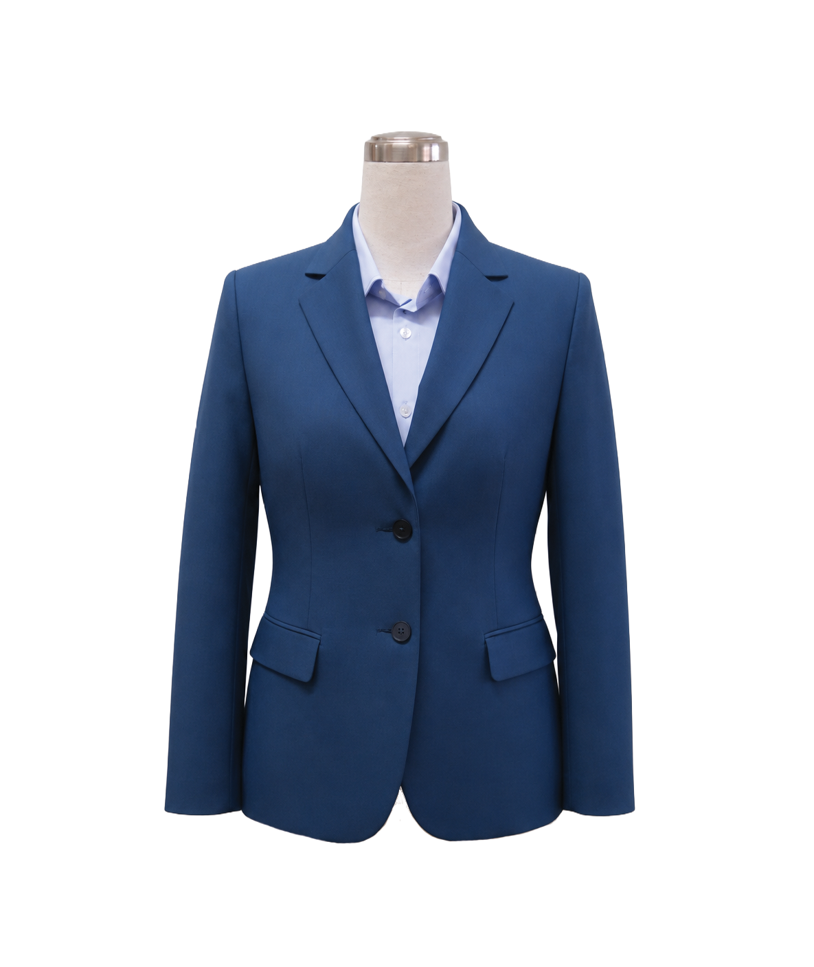 modoleen-tailored-notch-lapel-women-corporate-jacket.jpg Women's classic two-button corporate suit blazer in medium blue featuring tailored notch lapels and flap waist pockets, styled over a light blue collared shirt, designed by Modoleen Singapore with custom color, fabric, and print options for enterprise uniform programs.