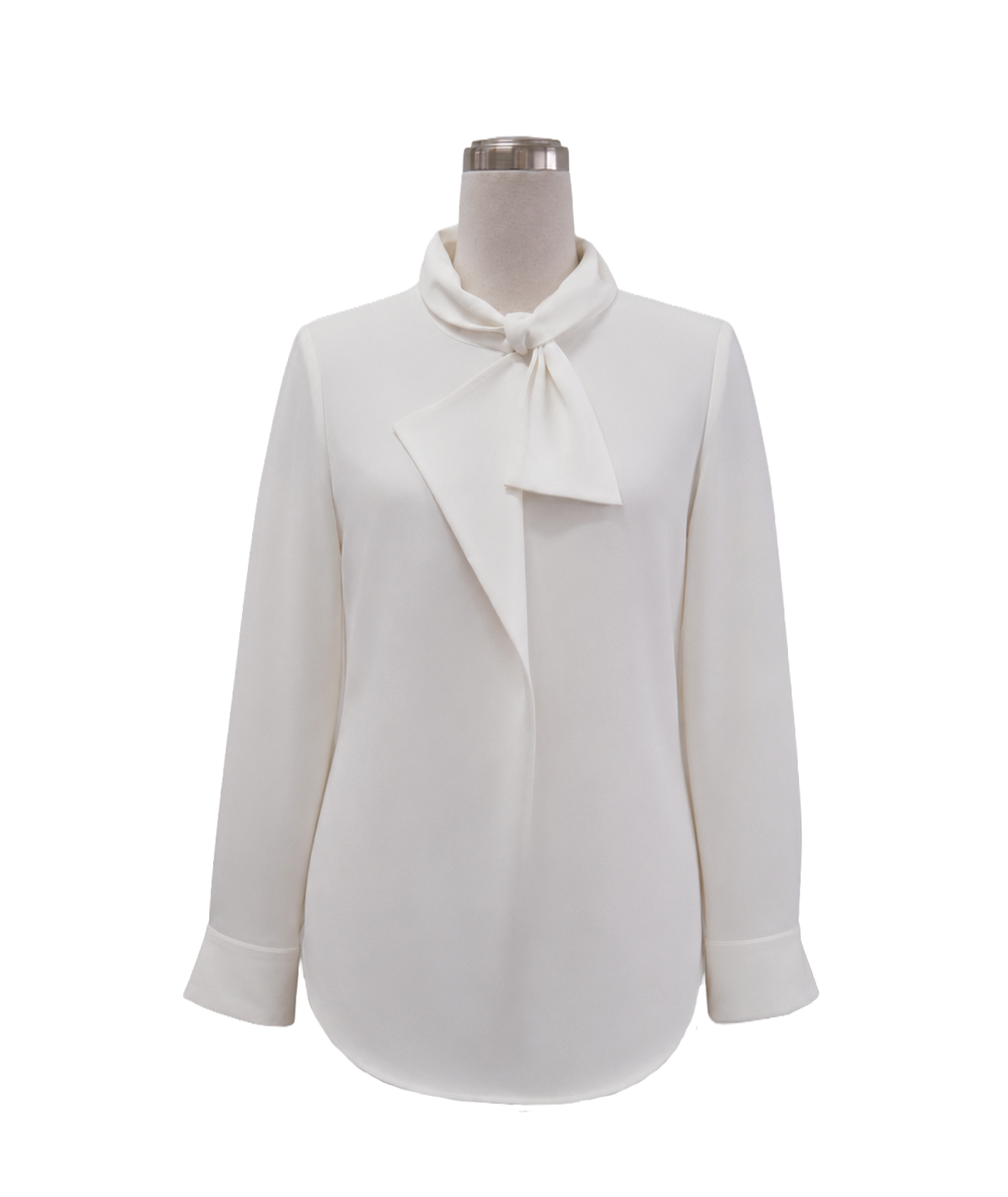 modoleen-white-asymmetric-necktie-ladies-office-blouse.jpg Women's long-sleeve white corporate blouse featuring a tied pussybow neck collar, curved hemline, and tailored cuffs, designed by Modoleen Singapore with custom color, print, and branding options for office and hospitality uniform programs.
