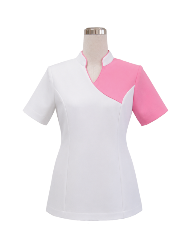 Women's short-sleeve medical tunic top in crisp white featuring a soft pink asymmetric collar split and matching pink sleeve, designed by Modoleen Singapore for healthcare, dental clinic, and wellness spa uniforms.