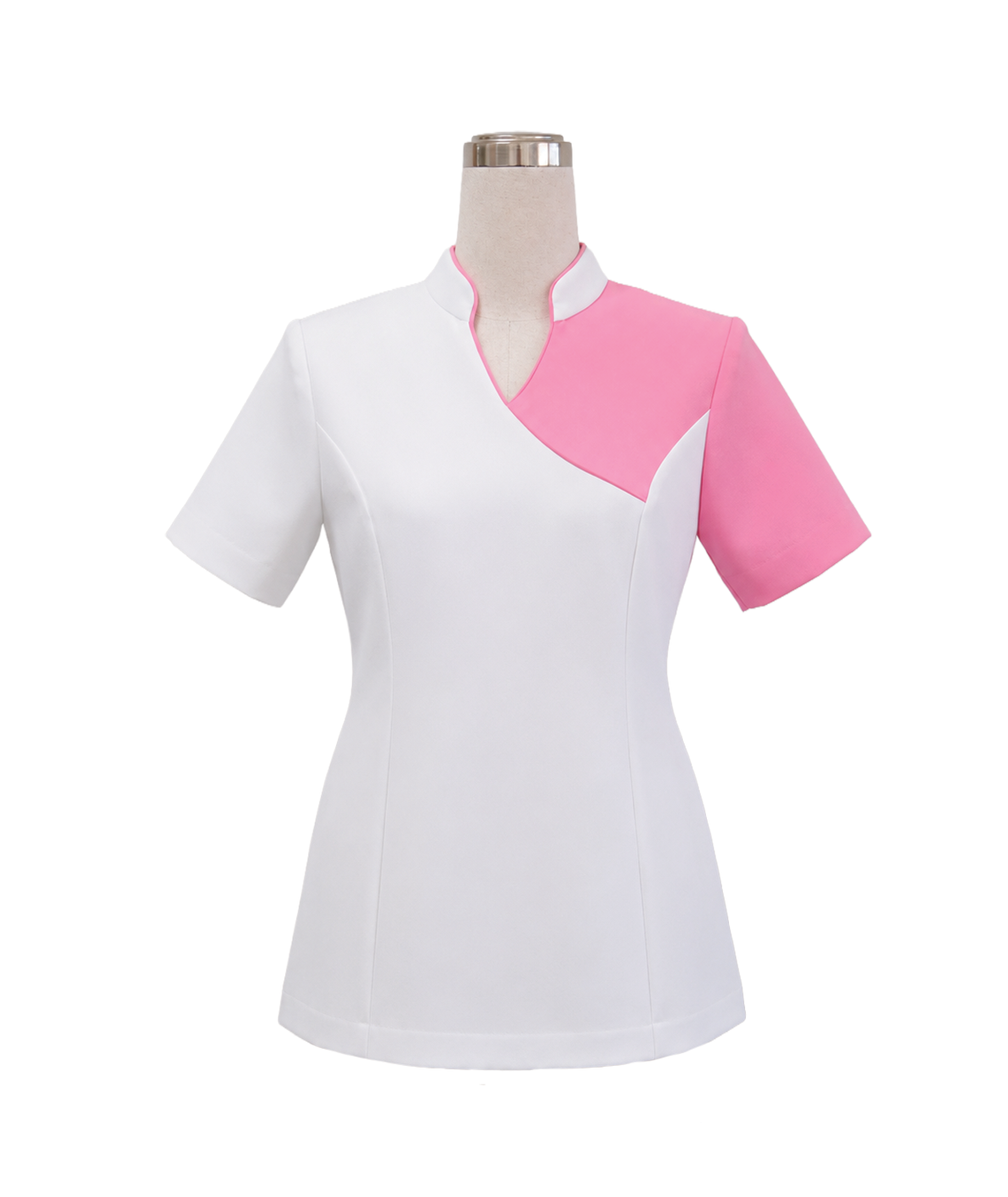 modoleen-white-pink-asymmetric-short-sleeve-top.jpg Women's short-sleeve medical tunic top in crisp white featuring a soft pink asymmetric collar split and matching pink sleeve, designed by Modoleen Singapore for healthcare, dental clinic, and wellness spa uniforms.