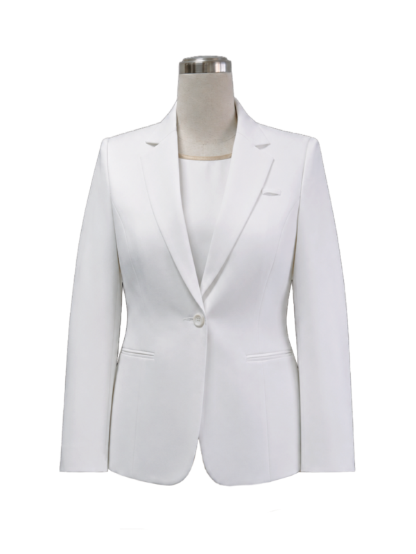 Women's single-button executive blazer in pristine white featuring notch lapels, flap waist pockets, and a fitted silhouette, designed by Modoleen Singapore for corporate management, front-of-house reception, and enterprise uniform programs.