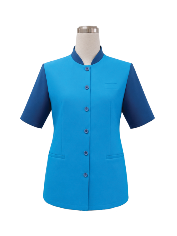 Women's tailored short-sleeve corporate tunic featuring a bright blue body, contrast navy blue standing collar and short sleeves, front button closures, and lower welt pockets, designed by Modoleen Singapore for office wear and healthcare uniform programs.