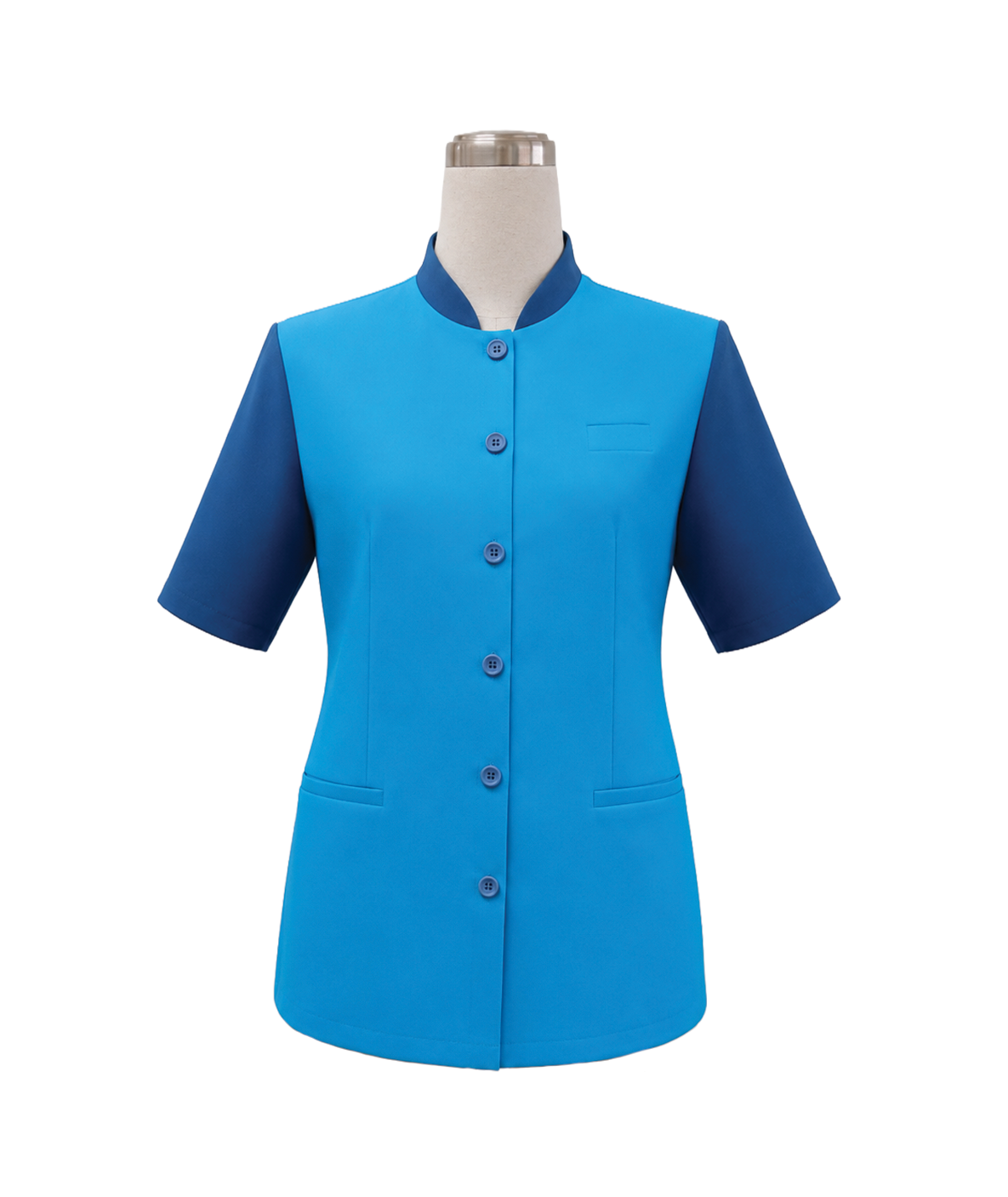 modoleen-womens-two-tone-blue-service-staff-uniform-shirt.jpg Women's tailored short-sleeve corporate tunic featuring a bright blue body, contrast navy blue standing collar and short sleeves, front button closures, and lower welt pockets, designed by Modoleen Singapore for office wear and healthcare uniform programs.