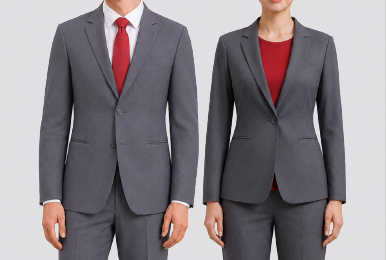 Executive corporate suit set featuring a men's mid-grey two-button tailored notch lapel suit paired with a red necktie, alongside a women's single-button grey executive suit jacket styled over a red inner blouse, designed by Modoleen Singapore for corporate leadership and office apparel.