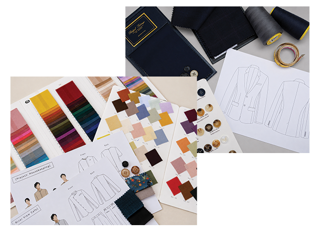 modoleen-corporate-uniform-design-process-moodboard-swatches Corporate uniform design process collage featuring CAD jacket drawings, color swatch cards, horn buttons, thread spools, and technical pattern sketches, curated by Modoleen Singapore for bespoke enterprise workwear development.